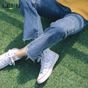 LRUD牛仔裤女2018春装新款女装韩版潮高腰开叉毛边九分裤子直筒裤牛仔裤
