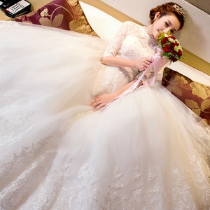 婚纱礼服2018新款新娘结婚韩式大码拖尾白色长袖显瘦齐地公主圆领婚纱