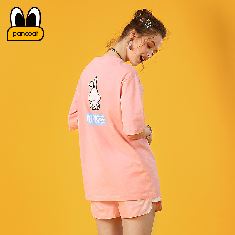 PANCOAT时尚潮牌女式短袖粉色兔子前后印花T恤PCATE182227W