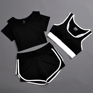 夏季运动套装女瑜伽服运动三件套跑步健身服速干运动短裤防震背心瑜伽服