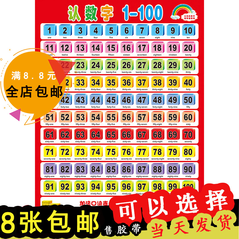 数字1-100挂图无声汉语拼音字母表幼儿识字挂图墙贴0-3岁英文字母