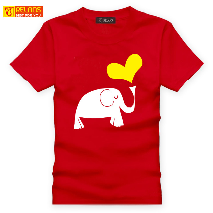 J2060 RELANS原创个性小象高举爱心印花帅气圆领纯棉短袖T恤 红