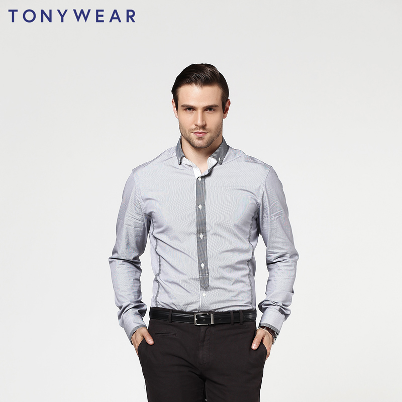 TONY WEAR/汤尼威尔男士商务休闲秋款扣领细条纹修身长袖衬衫包邮