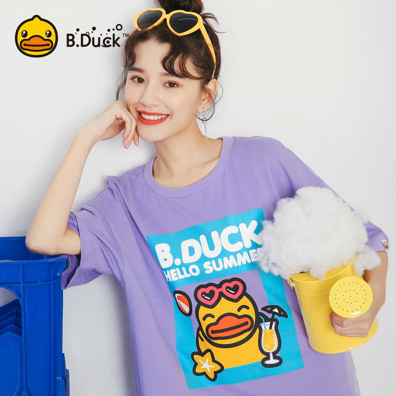 B.Duck小黄鸭女装2019夏装新款ins紫短袖T恤女宽松中长款个性贴片