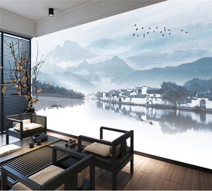 意境山水画墙纸电视背景墙布3d现代中式壁纸客厅沙发无缝壁画壁布