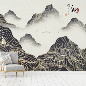 现代中式抽象艺术线条山水画壁纸客厅卧室电视背景墙纸壁画墙布 ￥ 28