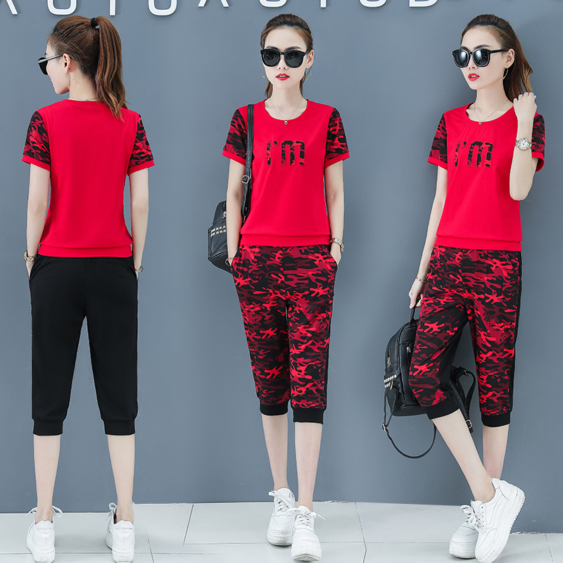 休闲运动套装女夏装2019新款韩版显瘦时尚迷彩服短袖七分裤两件套