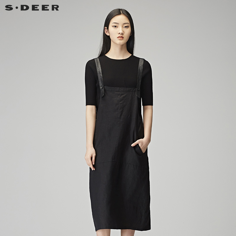 sdeer圣迪奥2019新款女装春装对称斜插挖袋背带连衣裙S18181214