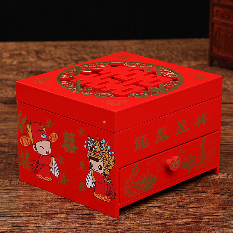 结婚首饰盒新娘订婚陪嫁嫁妆中国风梳妆珠宝龙凤红色木质收纳盒