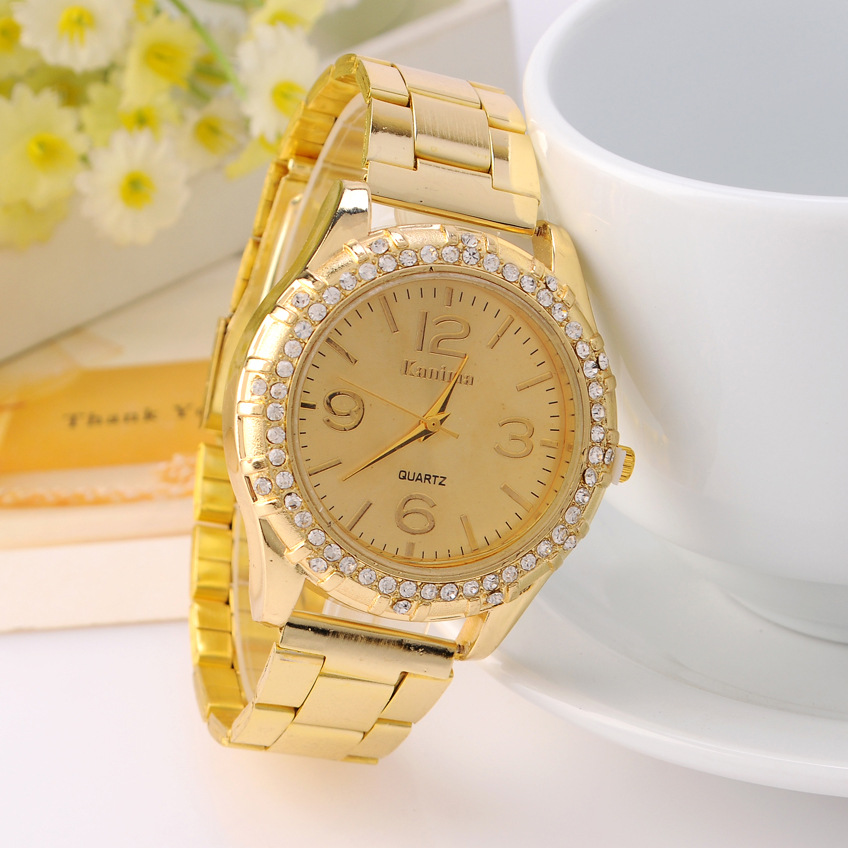 钢带手表大表盘休闲商务男女手表金色点钻 Fashion Golden Watch
