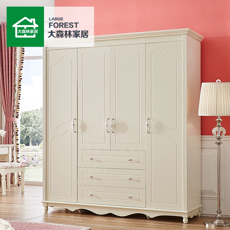 大森林家具B7欧式衣柜韩式田园白色木质组装四门板式卧室实木QC