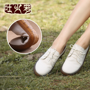 吐火罗春季真皮复古软底单鞋女鞋学生百搭系带休闲鞋平底鞋小白鞋单鞋