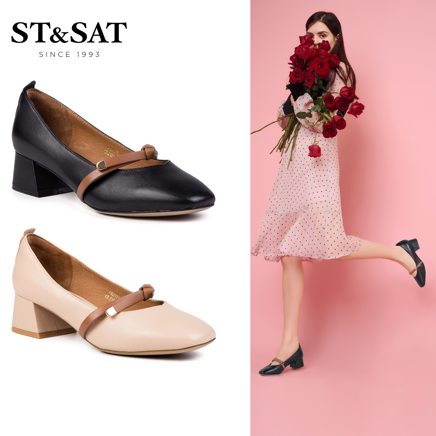 St&Sat/星期六2019春季新款奶奶鞋浅口中跟粗跟单鞋女SS91111281