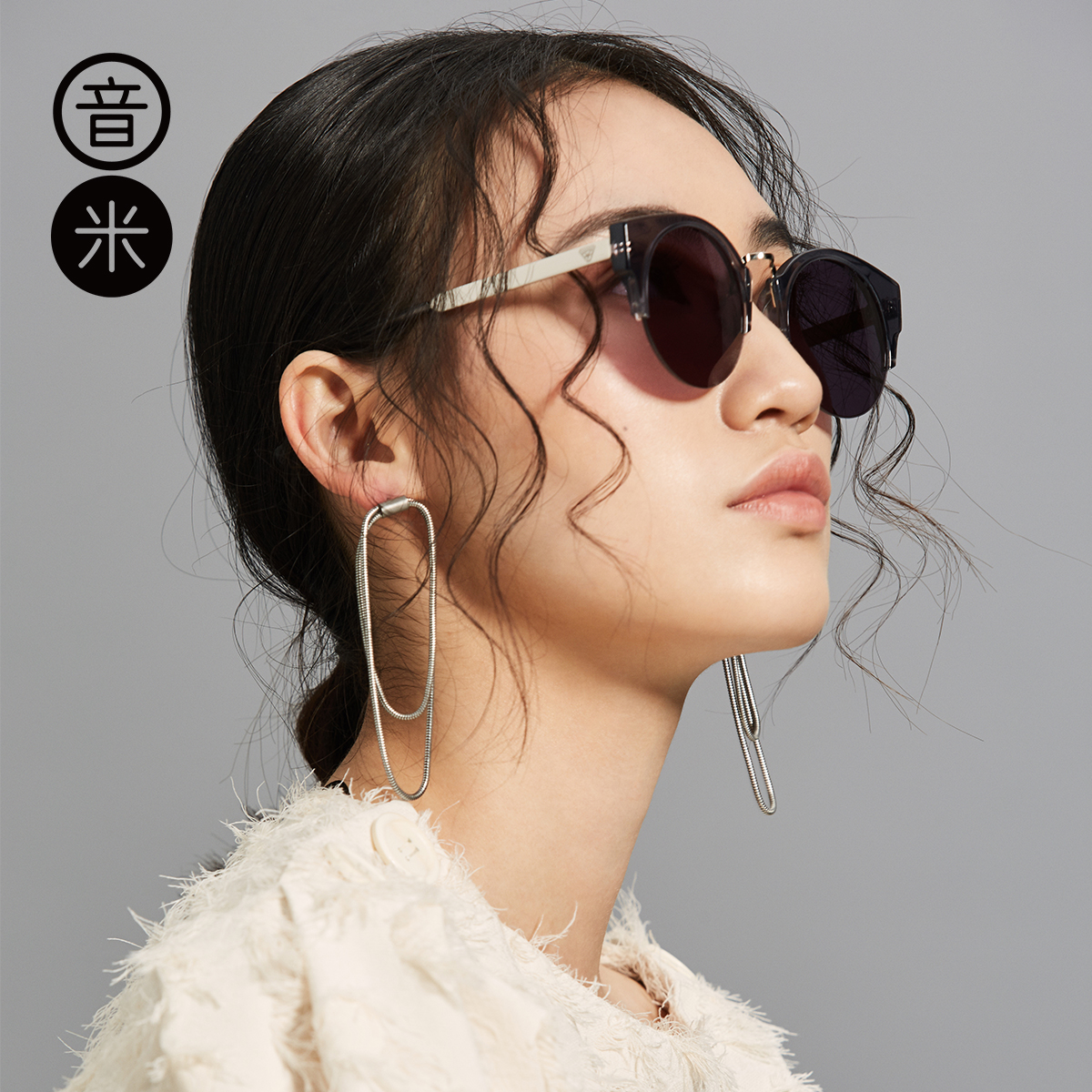 INMIX音米时尚墨镜 个性半框透明色椭圆形太阳镜 女潮复古眼镜