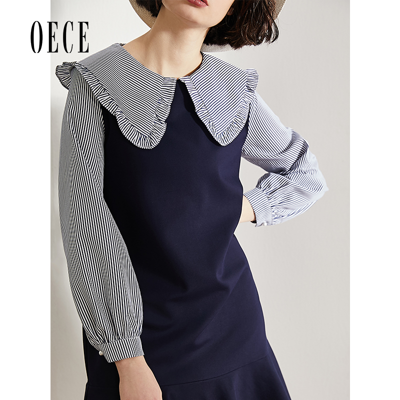 Oece2019夏装新款 甜美娃娃领撞色连衣裙法式复古流行裙子春夏