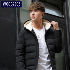 WOOG2005男士羊羔毛连帽棉衣2017冬季韩版修身加厚保暖棉服潮外套