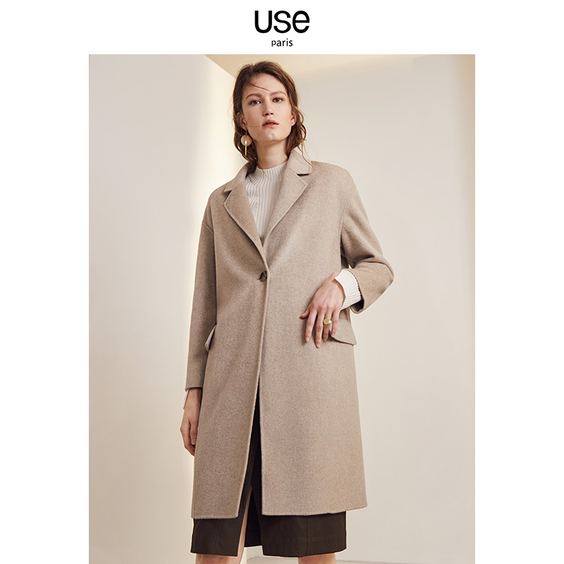 原色羊绒双面呢大衣女USE2018秋装新款一粒扣直筒双面呢毛呢外套