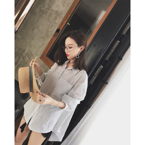 钱夫人CHINSTUDIO韩版宽松竖条纹长袖衬衫女开衫中长款打底衫上衣polo衬衫女