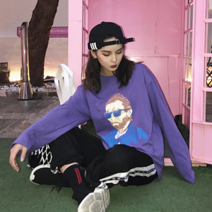 2018春夏季新款韩国卡通印花宽松原宿风百搭bf显瘦圆领 长袖T恤女