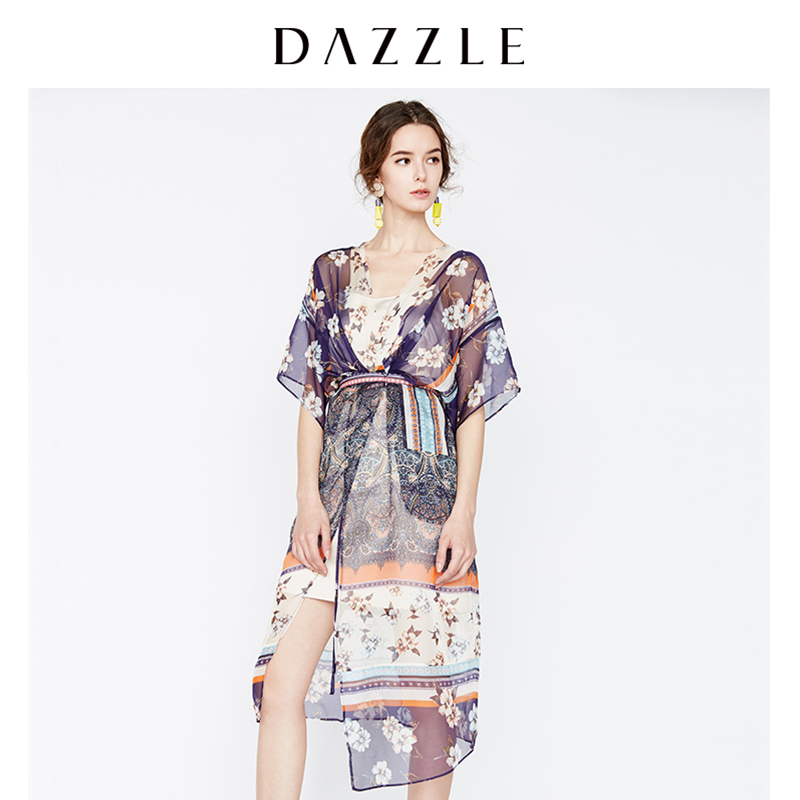 DAZZLE地素 夏装商场同款印花高腰雪纺两件套连衣裙女2F2O4046J