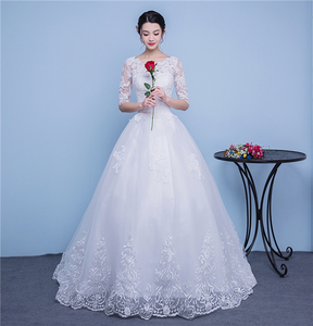 婚纱礼服新款韩版中袖一字肩大码修身齐地奢华蕾丝孕妇公主白纱女婚纱
