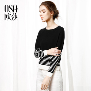 OSA欧莎 2017秋装新款女装圆领条纹套头针织衫显瘦长袖上衣杨桃