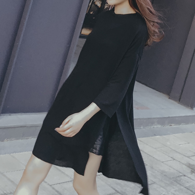 港风长袖t恤女 春秋 宽松中长款系带薄款针织打底衫 休闲开叉上衣毕业证书