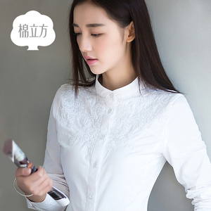 白衬衫女长袖棉立方2017春装新款立领打底衫修身上衣刺绣纯棉衬衣女士衬衣