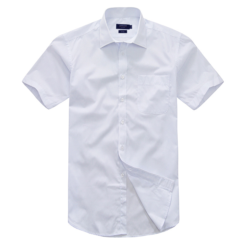 ARROW美国箭牌商务男衬衫短袖衬衣白色暗条纹纯棉免烫上班白衬衫