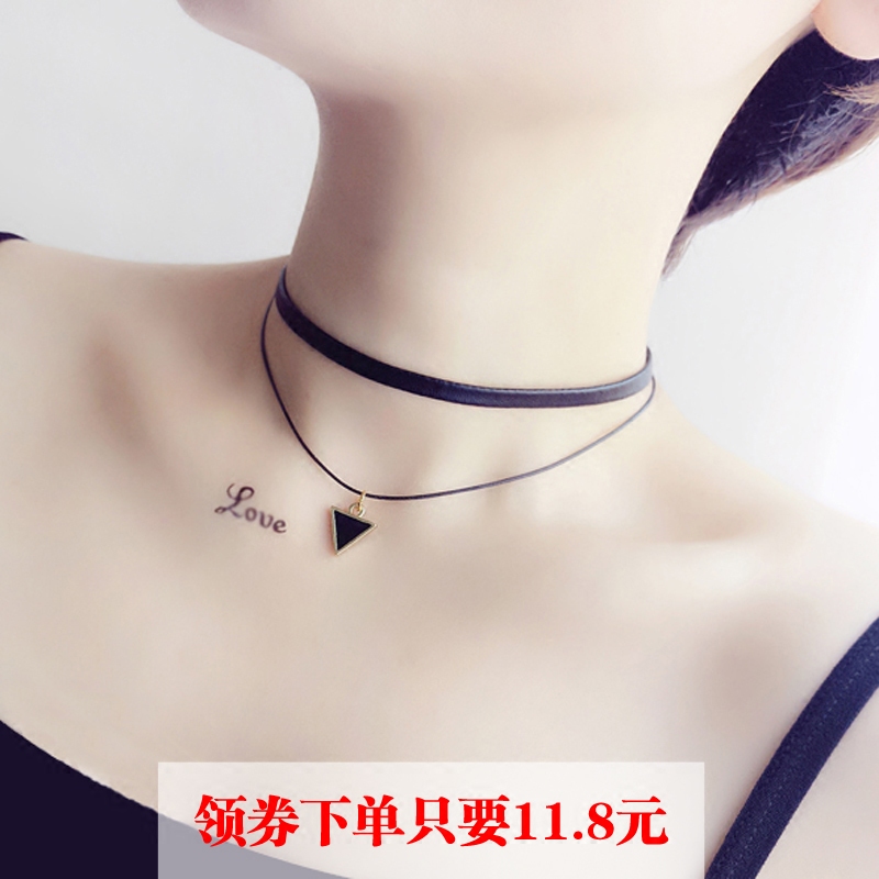 锁骨链女脖子饰品 choker短款项圈四叶草项链 双层颈带学生韩国潮纯银项链