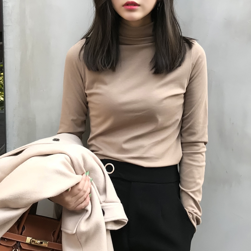 元熙 秋冬新款纯色半高领加绒长袖T恤女学生修身百搭打底衫上衣潮女士T恤