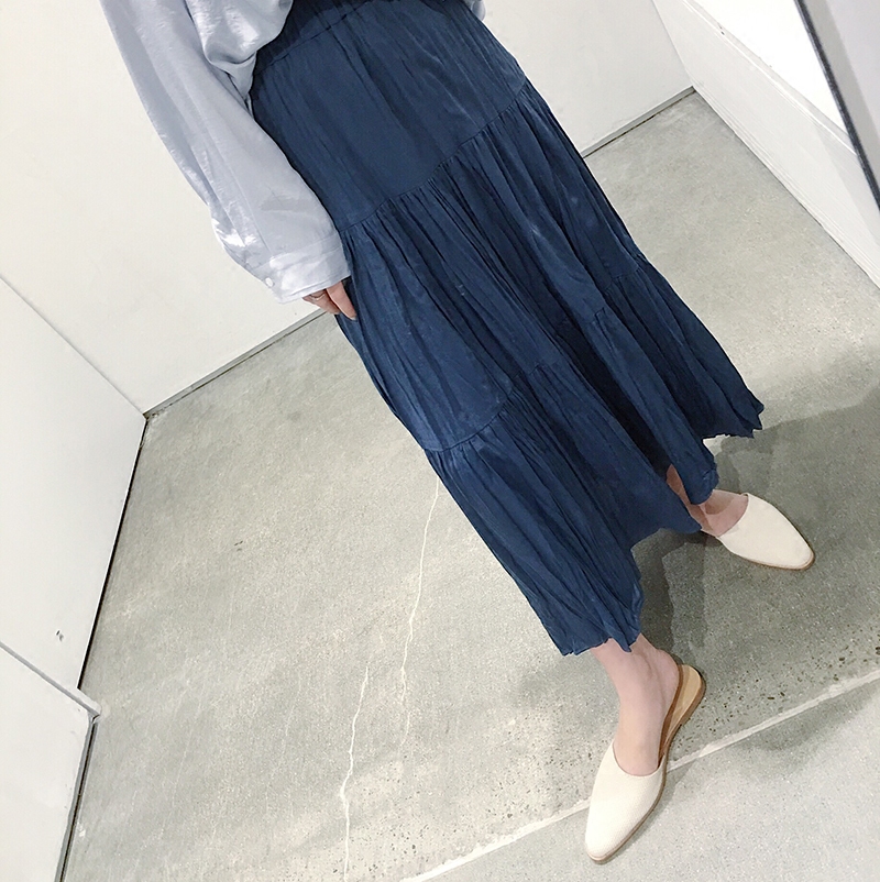 小宜定制YESWOMEN春装2018新款褶皱层次感松紧腰直筒半身长裙半身裙