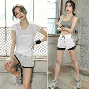 韩国春夏季健身房运动套装女网纱速干衣瑜珈服跑步显瘦短裤三件套瑜伽服