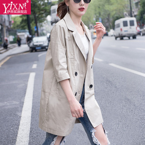 Yi-xn2017春夏季新款七分袖薄款风衣女中长款双排扣纯色休闲外套