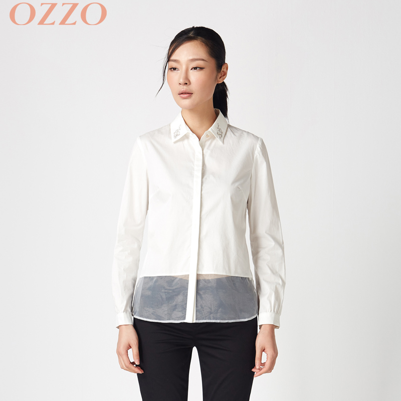 OZZO/欧尼迩春季刺绣领衬衫女 中长款拼接透明欧根纱前摆衬衣女