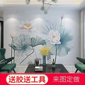新中式手绘荷花墙纸客厅电视背景墙壁纸卧室影视墙壁画无缝墙布