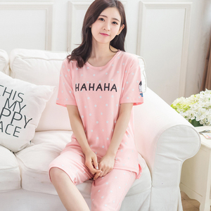 夏季睡衣女纯棉短袖七分裤中年套装夏天韩版女半袖中裤大码家居服短袖睡衣