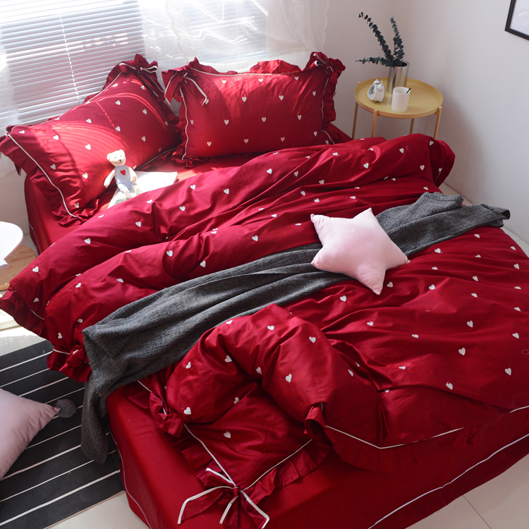 结婚庆四件套全棉纯棉1.8m床双人被套床单爱心刺绣大红色床上用品