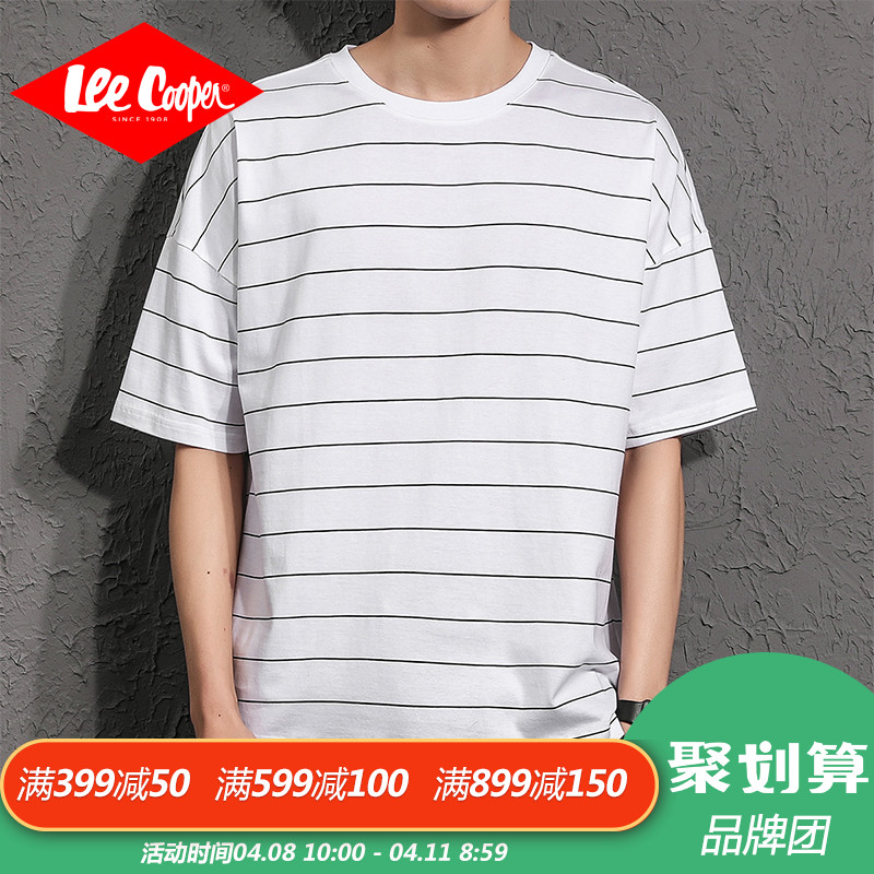 Lee Cooper夏季男士短袖T恤韩版潮流圆领白色宽松半袖青年上衣男