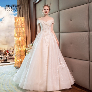 婚纱礼服2018新款春季新娘一字肩欧美宫廷简约婚纱公主奢华齐地婚纱