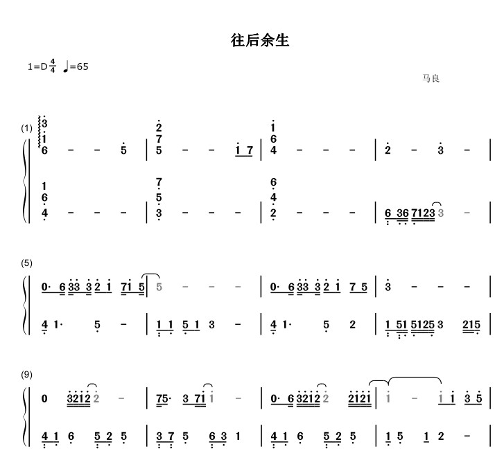 往后余生 马良 抖音热歌 钢琴谱 双手简谱 3页 高清