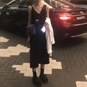 港风chic百搭宽松中长款无袖V领纯色开叉连衣裙女内搭吊带背心裙连身裙