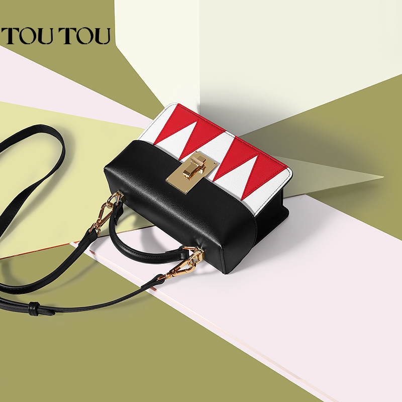 toutou2019新款chic翻盖盒子包ins个性撞色小方包手提单肩斜挎包