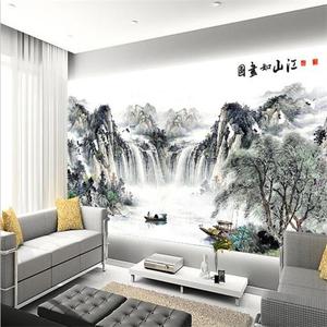 现代中式山水壁画江山如画水墨客厅沙发电视背景墙纸无缝整张壁纸 $