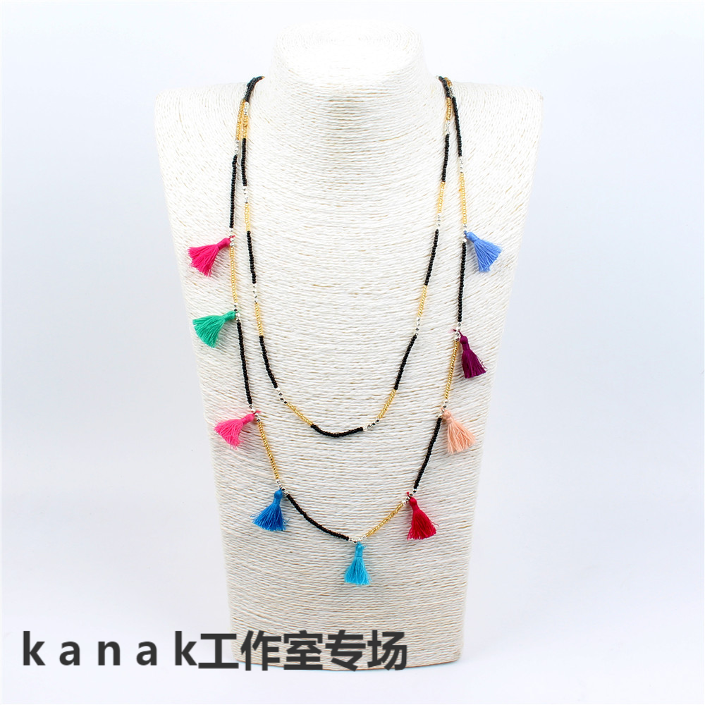 新款双层女式项链日本进口米珠串珠波西米亚流苏个性饰品热销