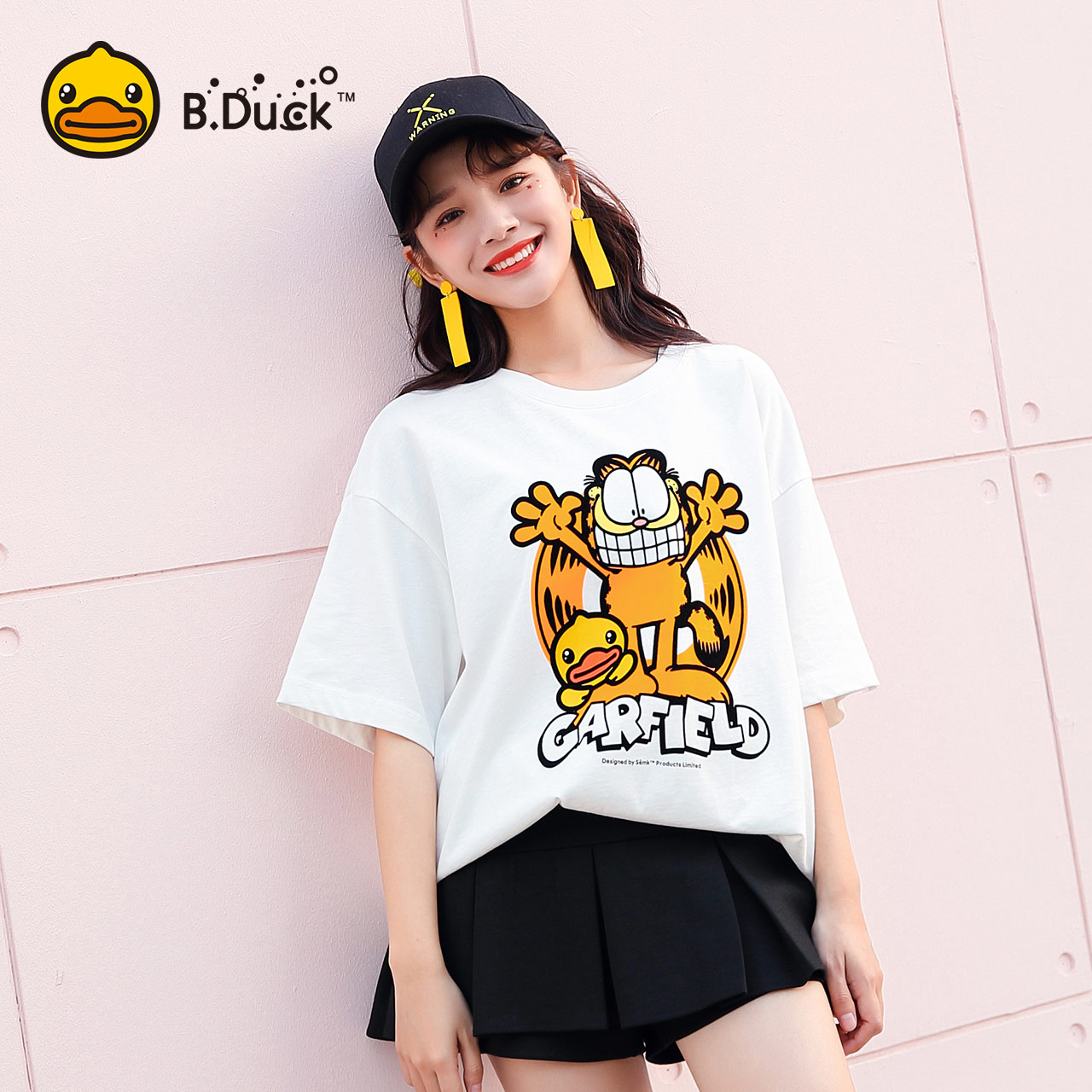 B.Duck小黄鸭 X Garfield加菲猫联名款卡通宽松韩版短袖T恤女上衣