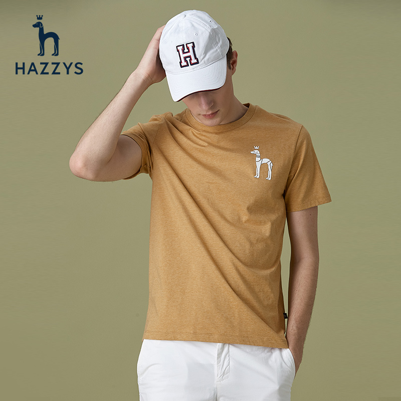 Hazzys哈吉斯男士圆领T恤衫短袖纯色纯棉韩版修身光板t恤时尚暖男
