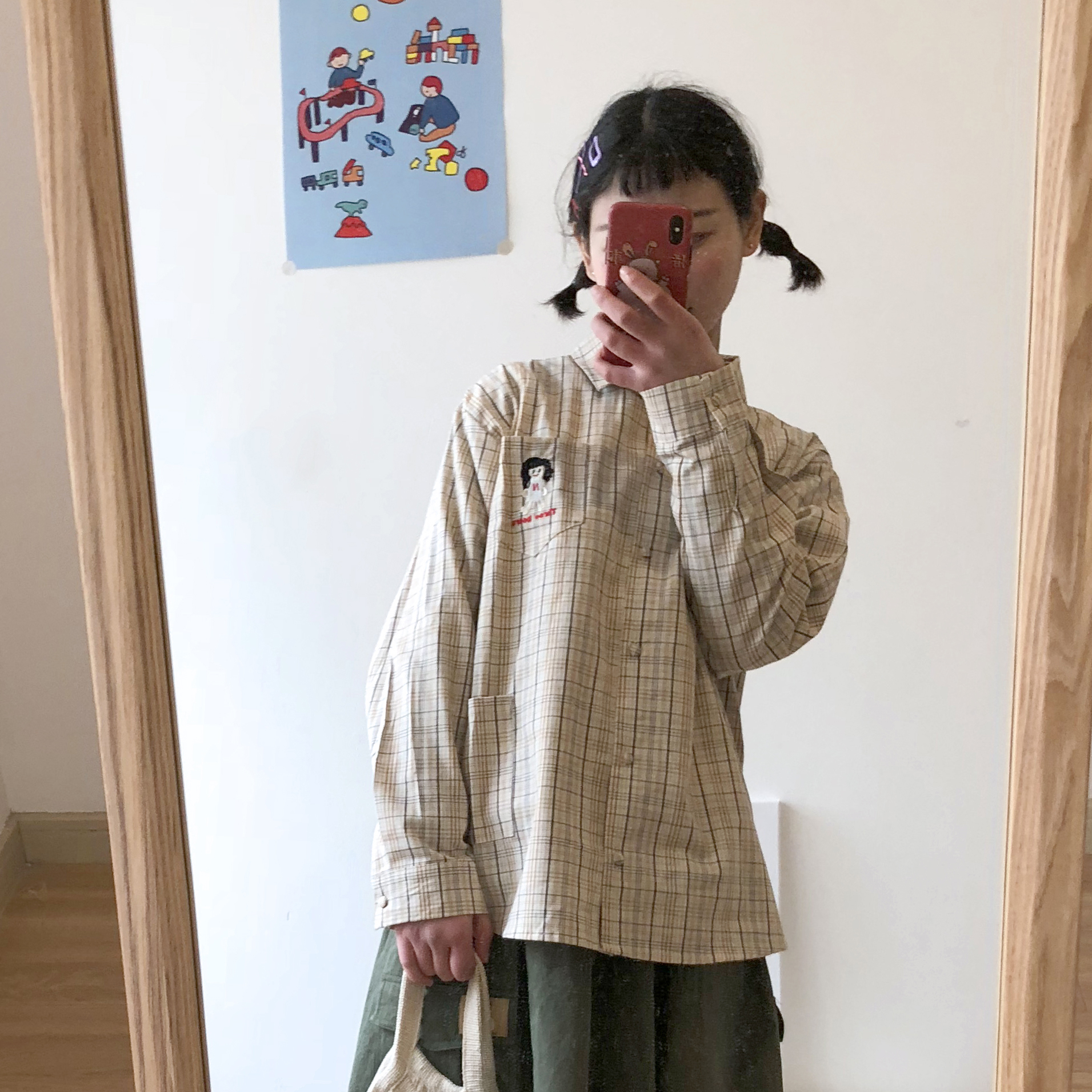 【大脸猫】日系童趣娃娃刺绣格子衬衫女长袖宽松上衣学生