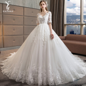 婚纱2018新款孕妇v领长拖尾显瘦夏季中袖新娘结婚礼服女大码森系婚纱