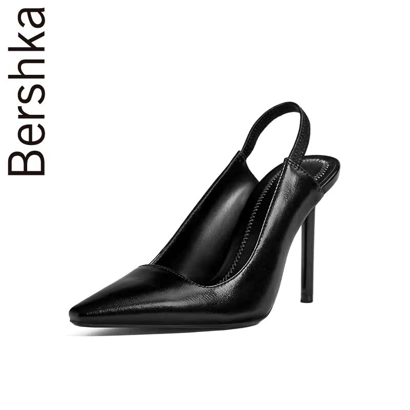 Bershka女士 2018秋季新款黑色露跟单鞋尖头细高跟鞋 15338331040